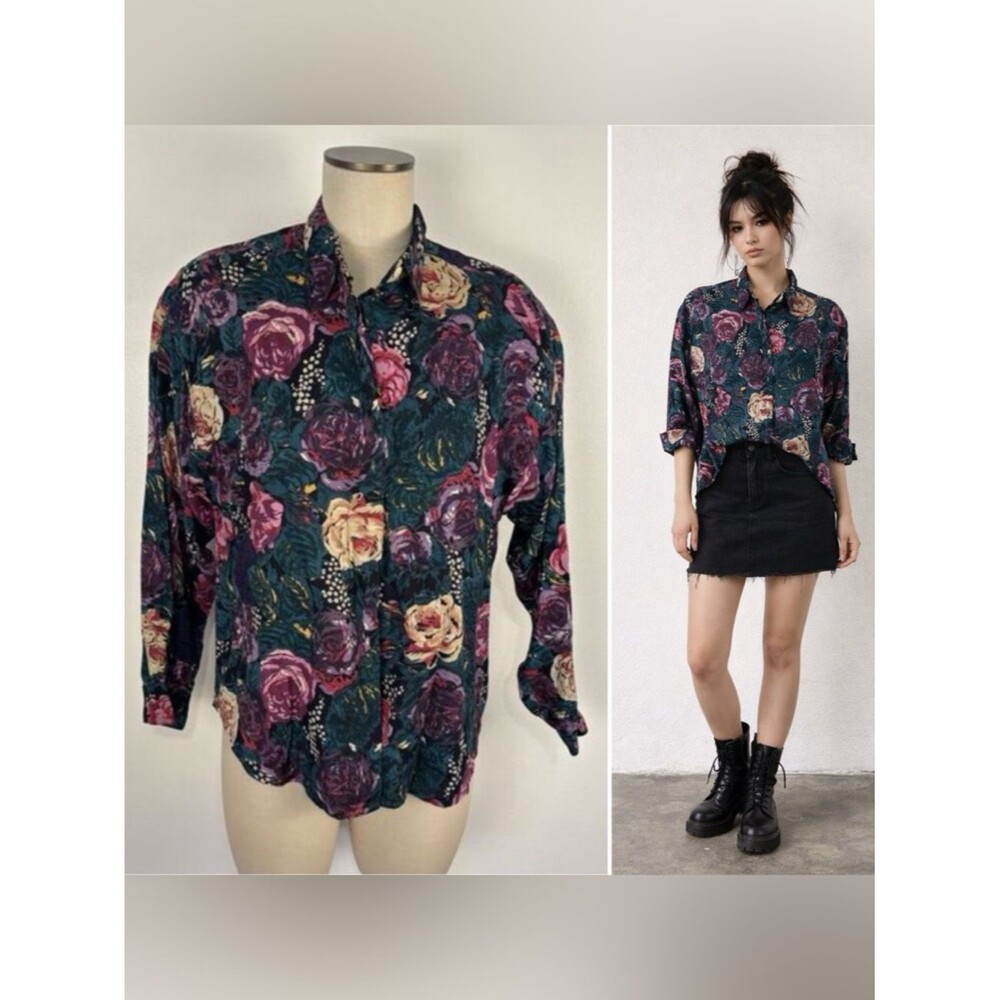 VTG Putumayo New York Womens Small Bold Floral Long Sleeve Button Up Collar Top